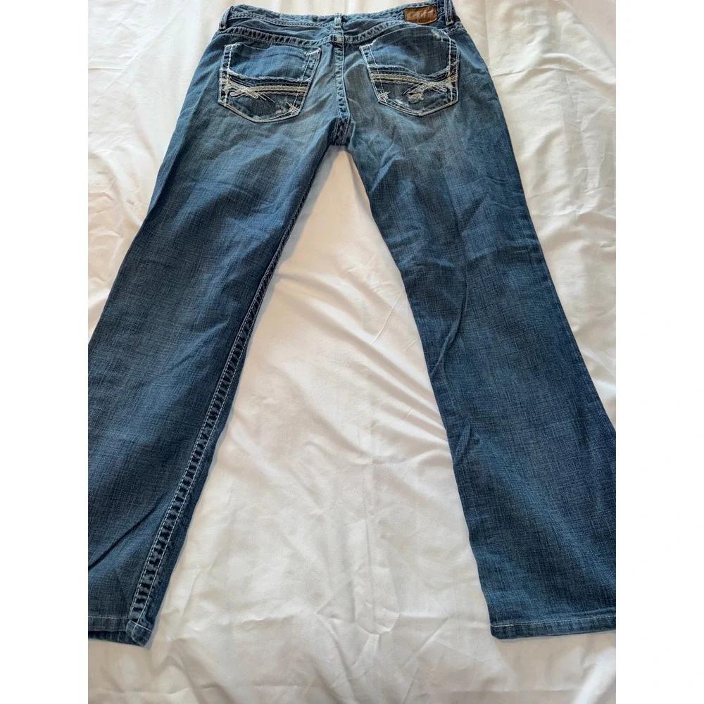 BKE Aiden Straight Leg Jeans Mens 34 Medium Wash Distressed Thick Stitch Denim